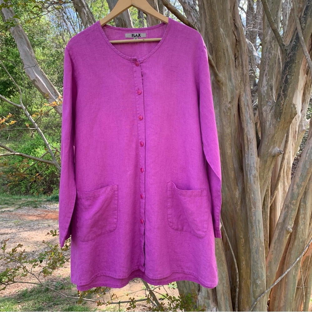 Flax Linen Button Down Long Sleeve Cardigan in Pink/Fuchsia